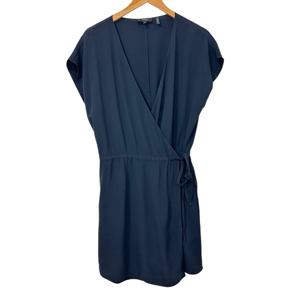 Theory Womens Rosina Wrap Romper Sz 10 Blue V Neck Short Sleeve